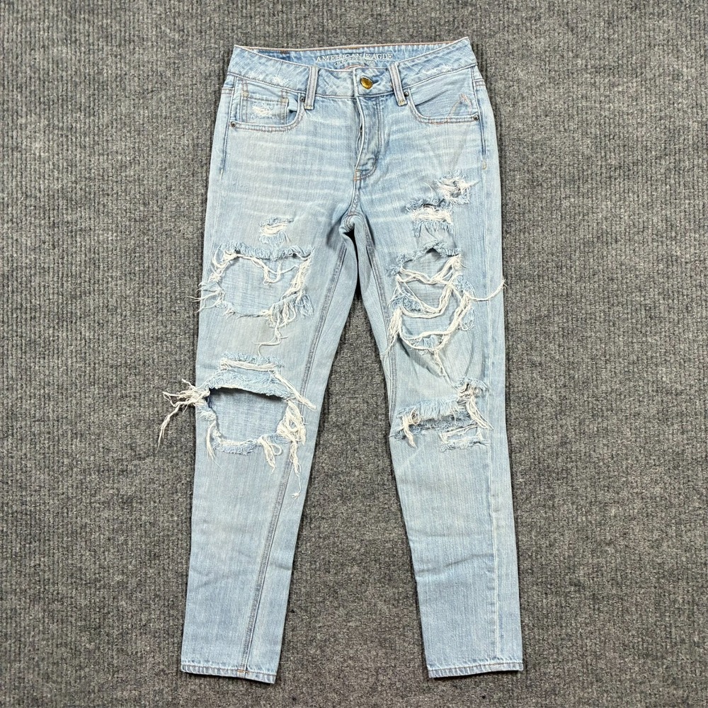 American Eagle Tom Girl Womens Jeans 00 Regular Blue Distressed Denim‎ Low Rise